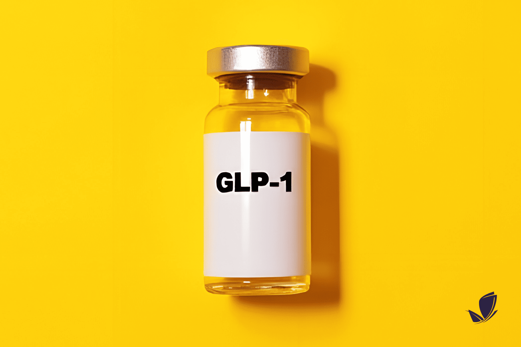 A clear bottle with a silver lid and a white label that has "GLP-1" written in black, set against a yellow background. A black LightRx butterfly logo is in the bottom right corner.