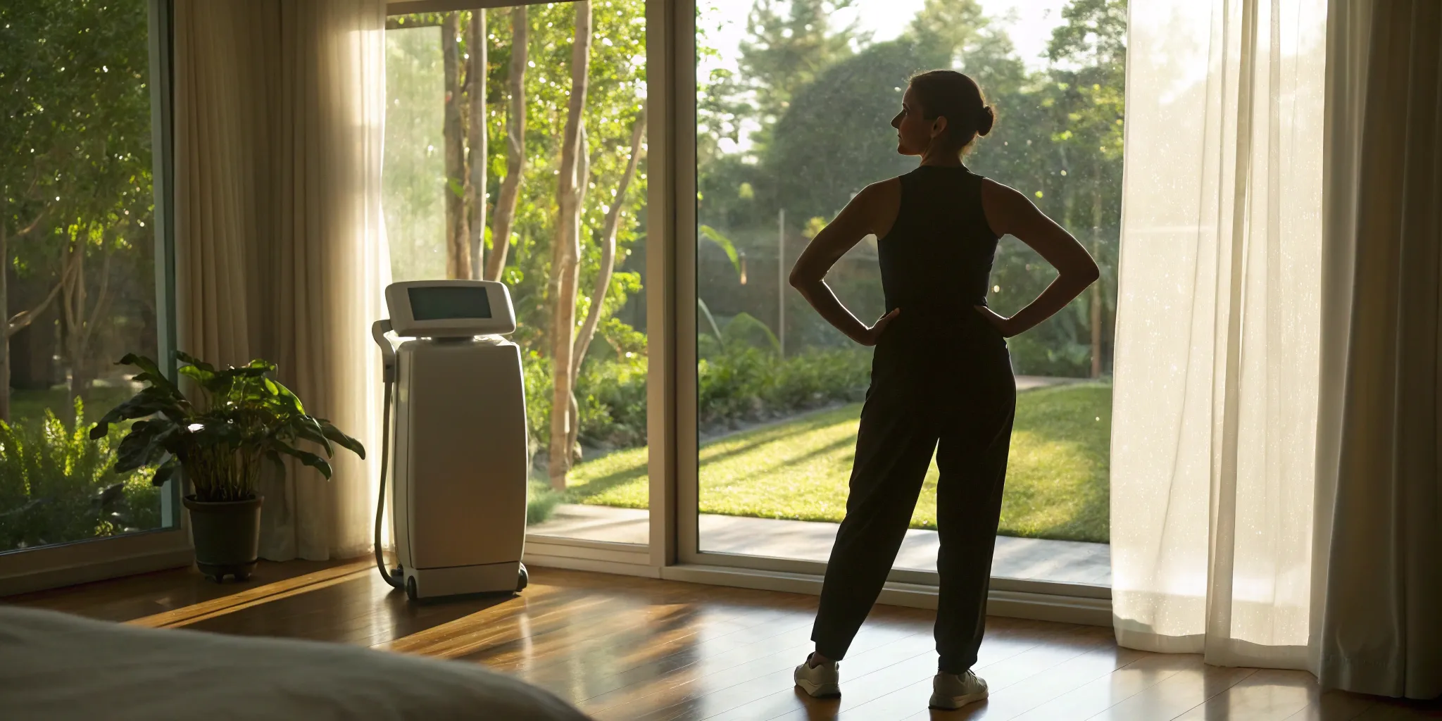 Woman in a clinic next to a modern laser machine for non-invasive weight loss.