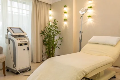 A modern treatment room with equipment for a patient searching for a lipo laser near me.