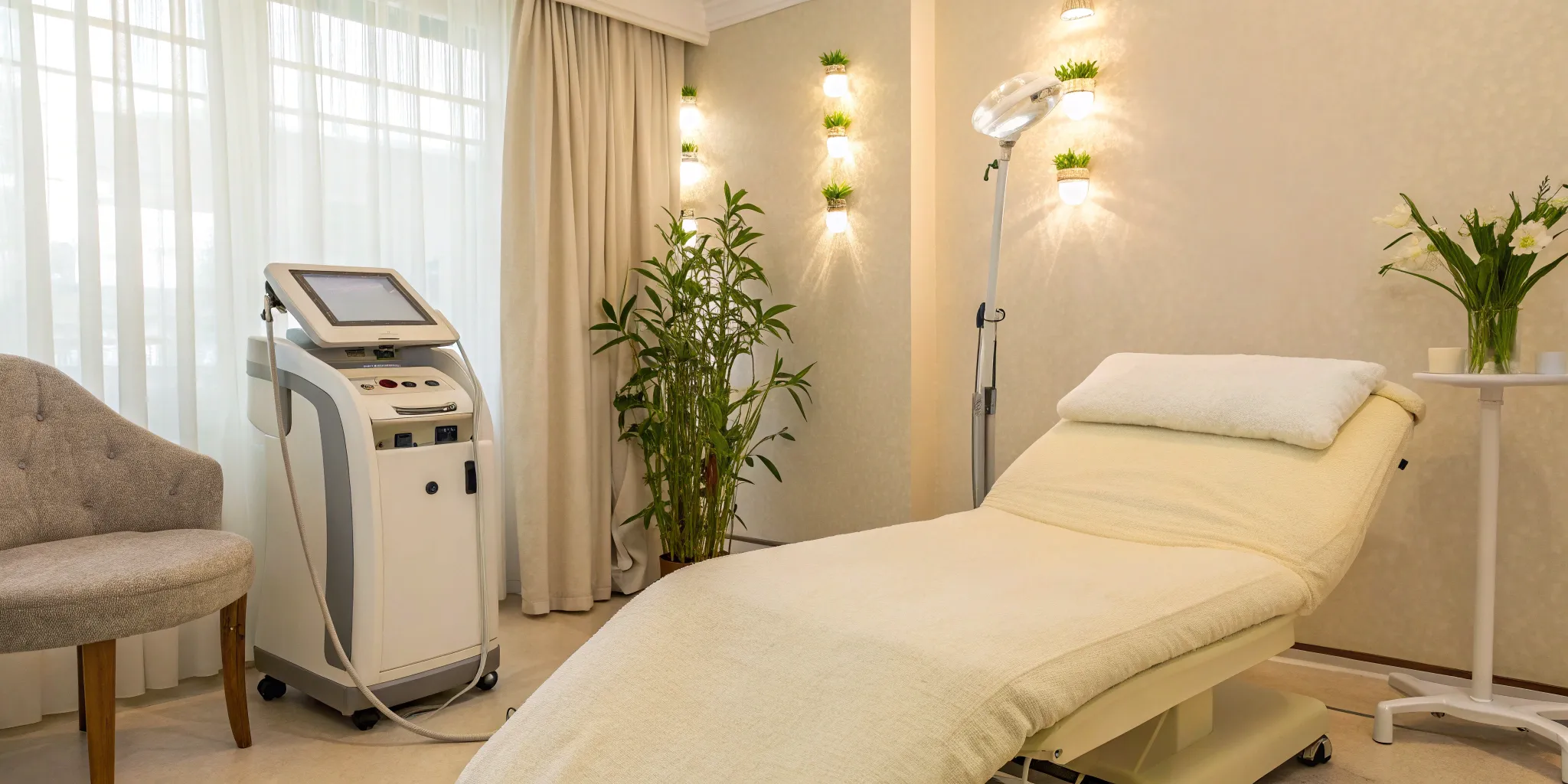 A modern treatment room with equipment for a patient searching for a lipo laser near me.