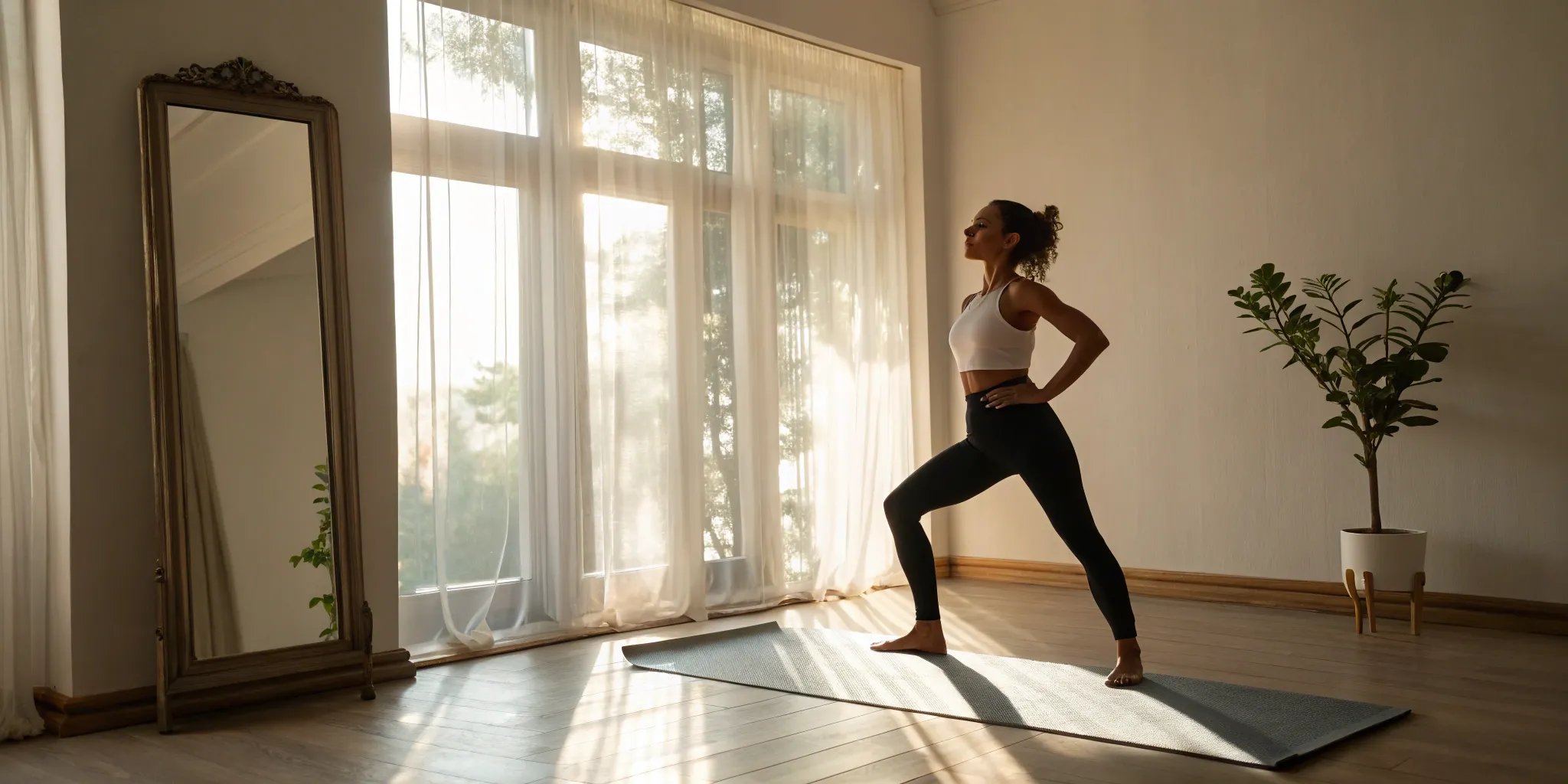 Woman doing a core-strengthening yoga pose to help reduce a women's muffin top.