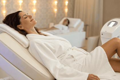A laser lipo procedure targeting fat on a woman's thighs.