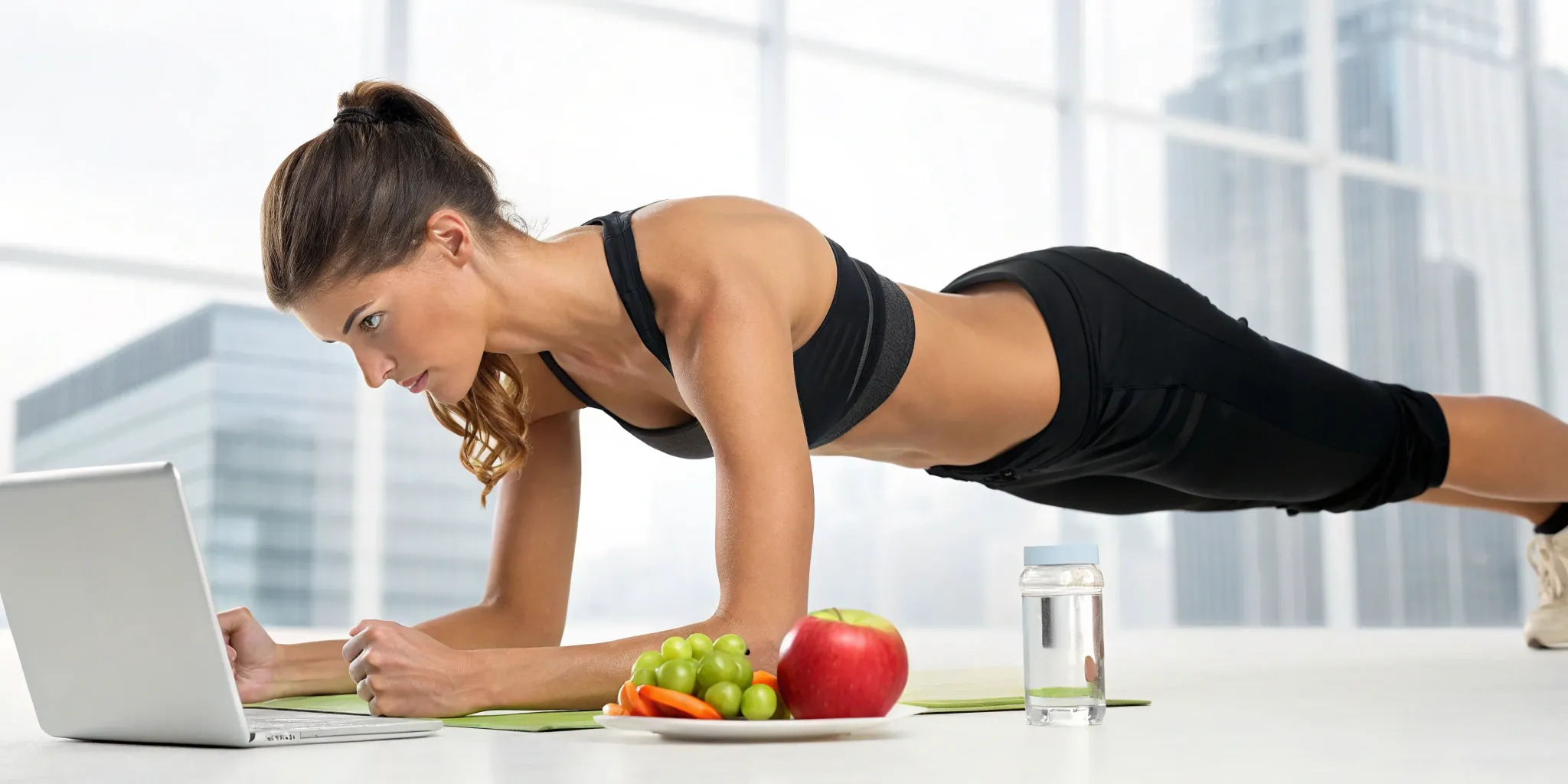 A woman considers non-surgical stomach fat reduction treatments on her laptop.