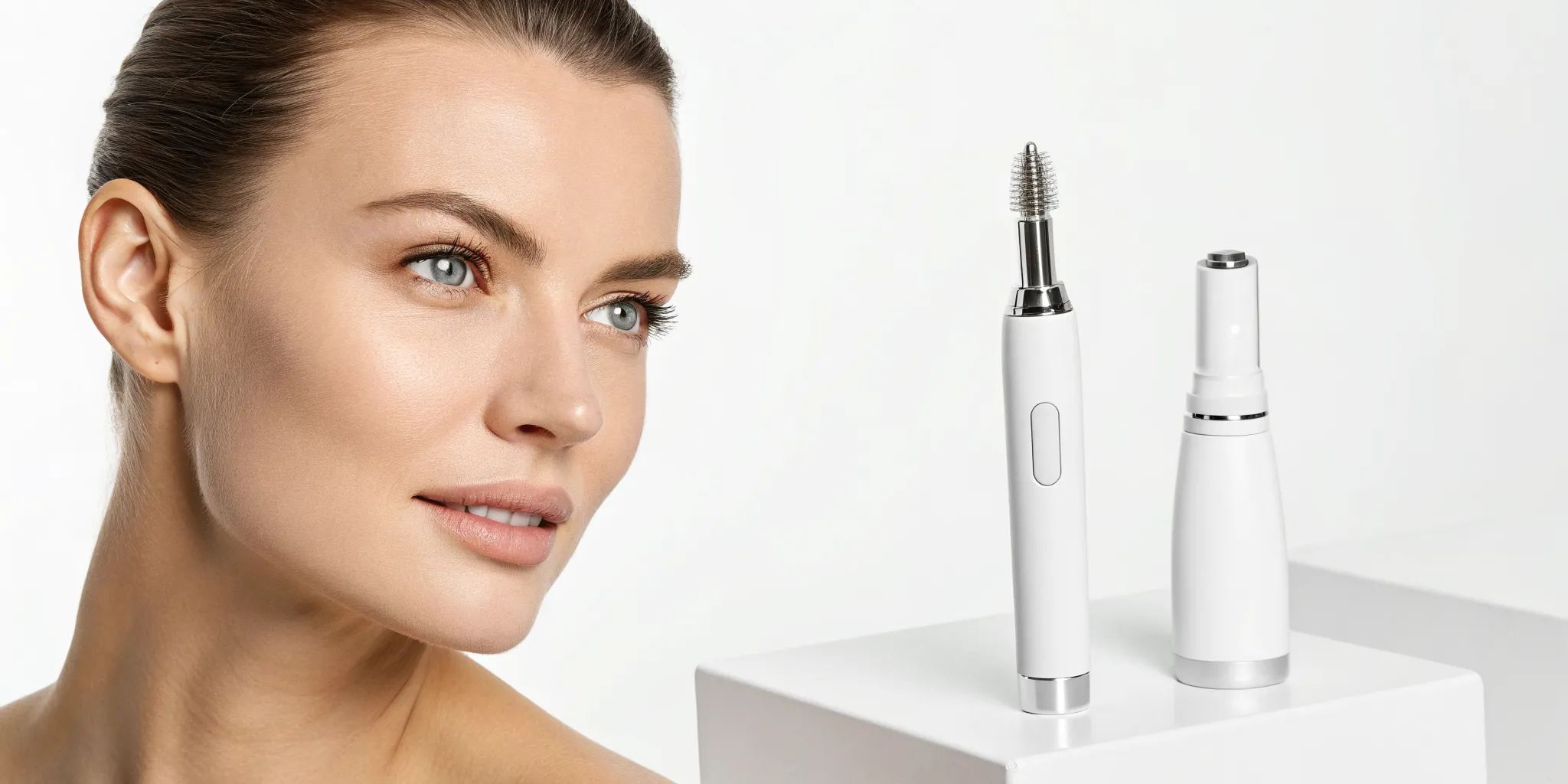 A woman's smooth face next to devices for the best skin tightening treatments.