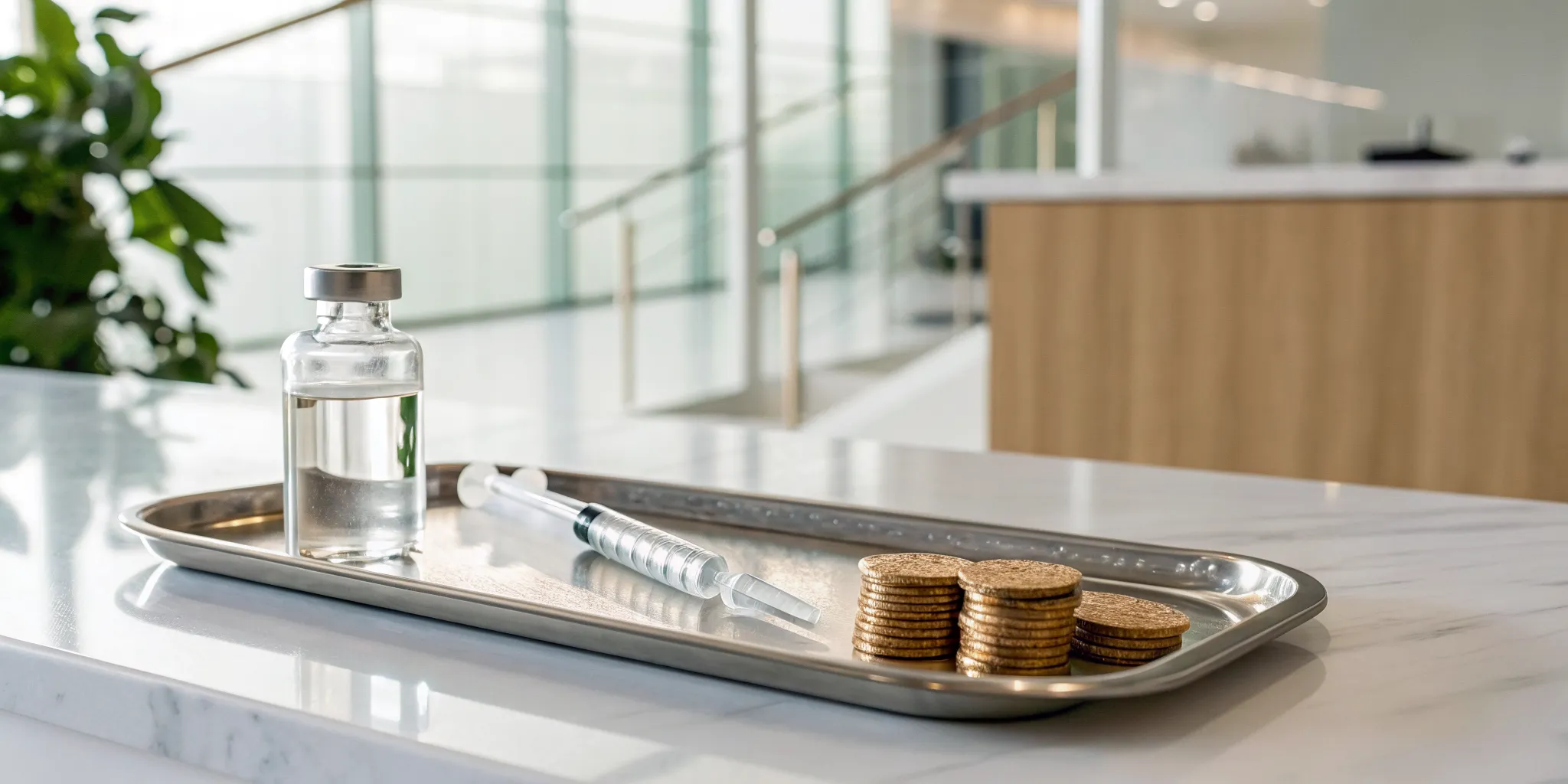 The price of Botox treatment shown with a vial, syringe, and coins.