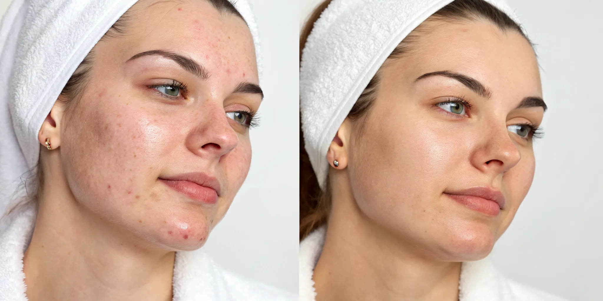 A woman's face before and after a HydraFacial, a treatment with some potential side effects.