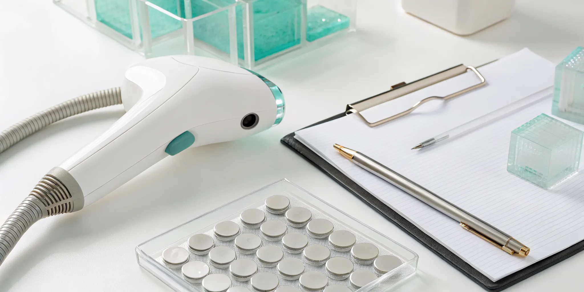 A clipboard for laser hair removal cost next to a treatment device.