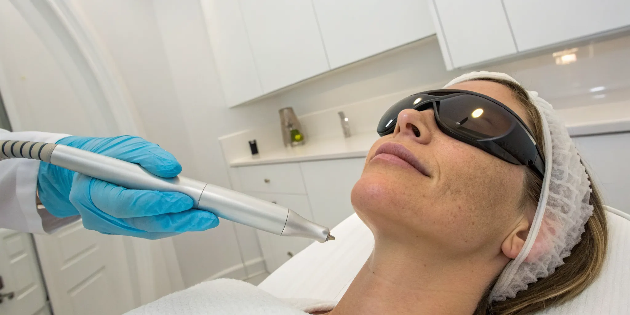 A technician performs laser hair removal on a woman's upper lip.
