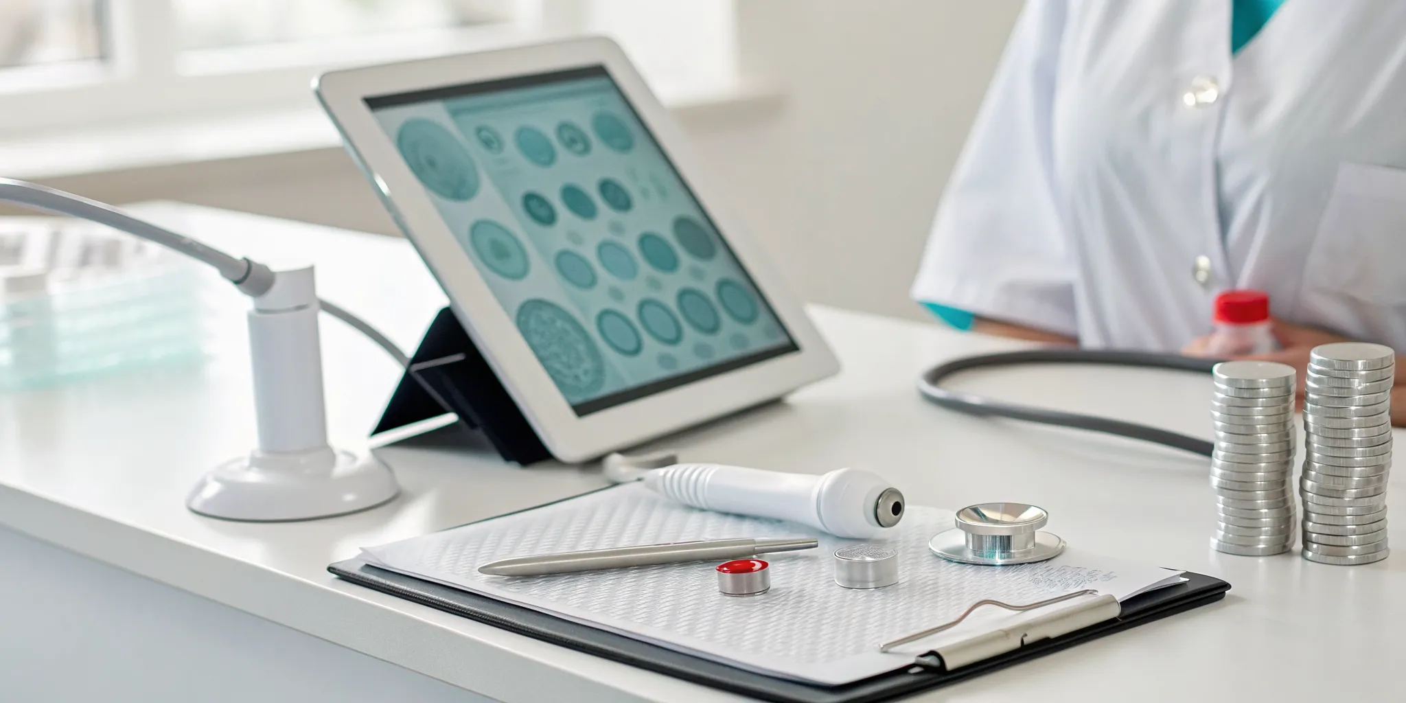 Laser lipolysis price breakdown shown on a tablet with coins and medical tools.