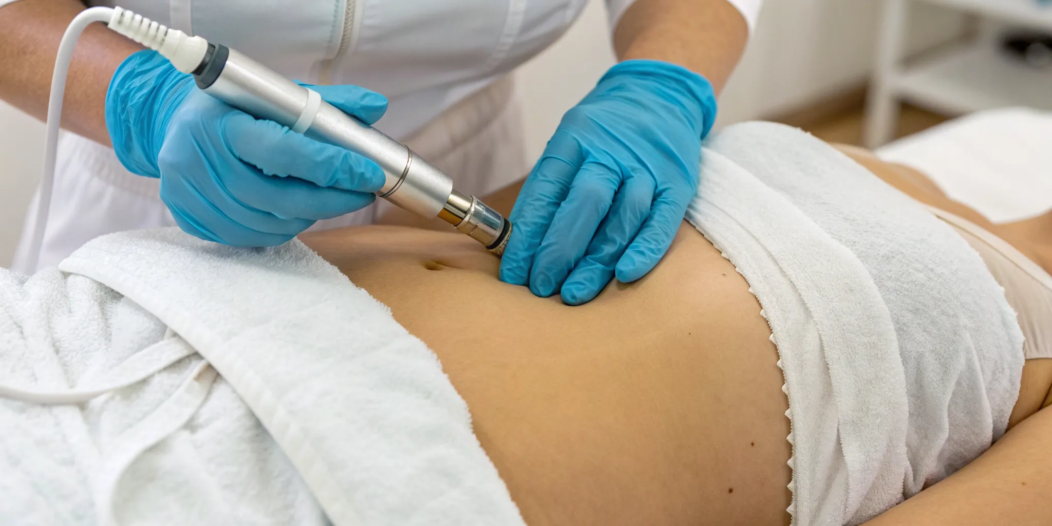 Professional microneedling treatment for stretch marks on the abdomen.