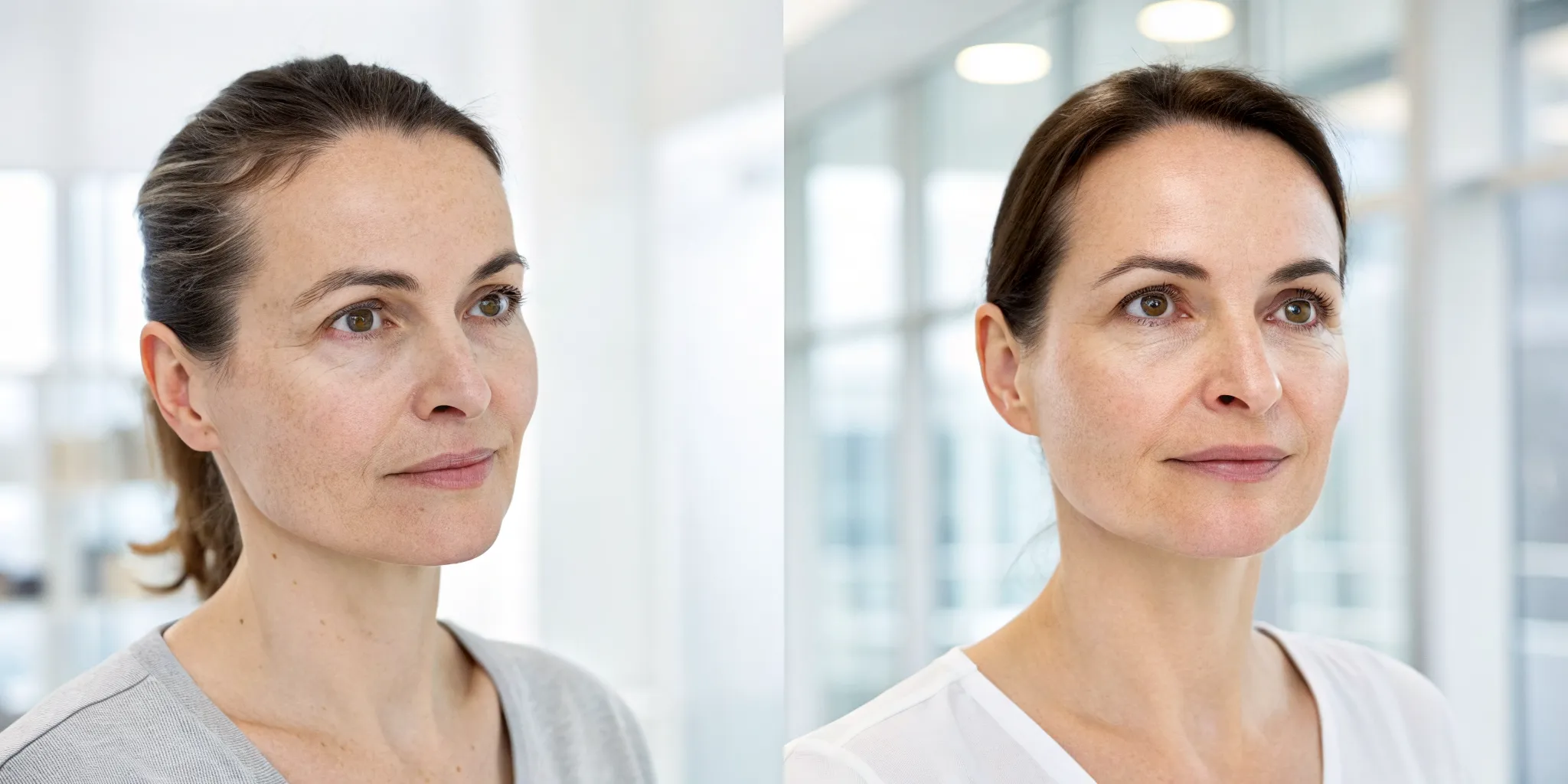 Sofwave before and after results on a woman's face with tighter skin and a smoother complexion.