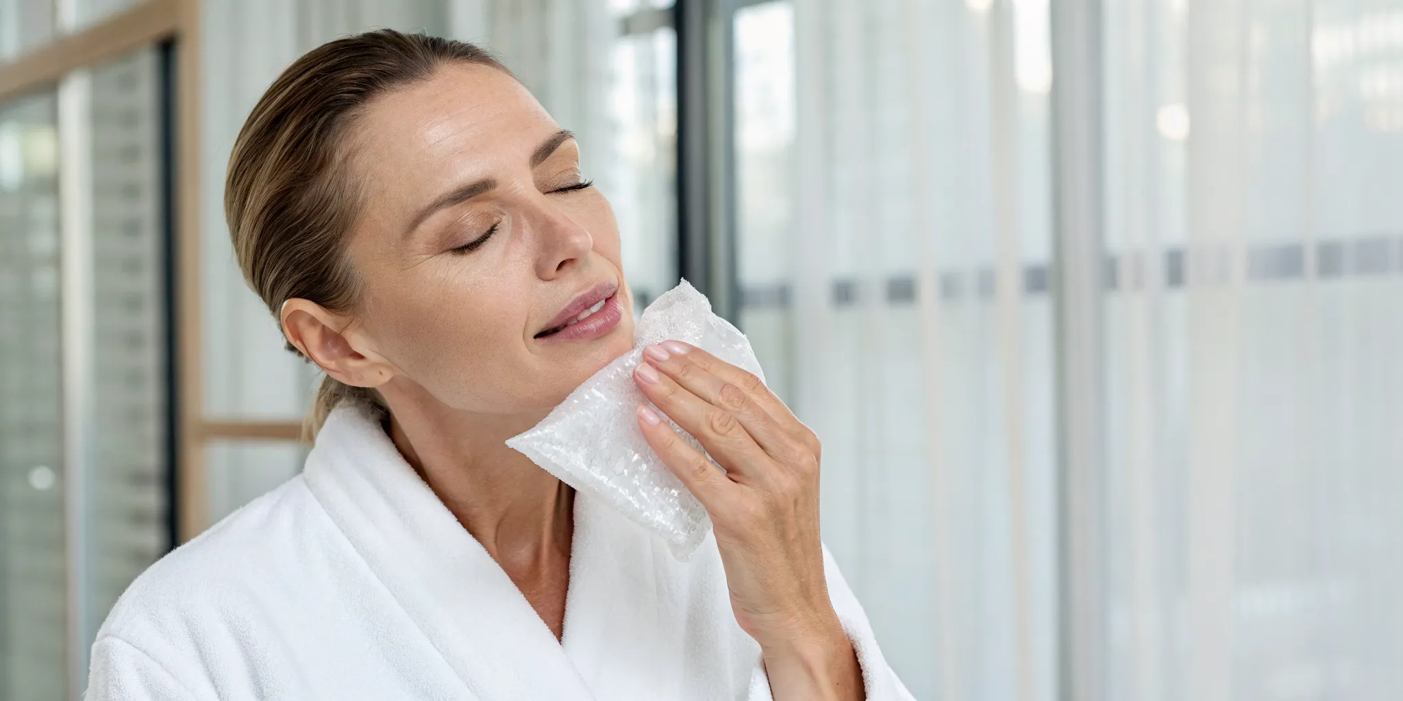 Woman applying a cold compress to her lips for lip filler aftercare.