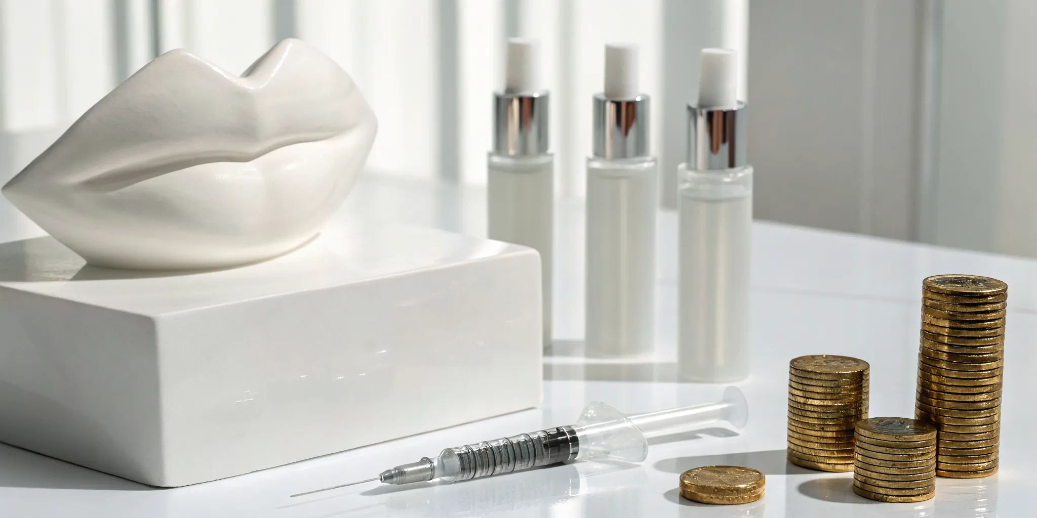 Lip filler cost shown with a syringe, coin stacks, a lip sculpture, and cosmetic bottles.