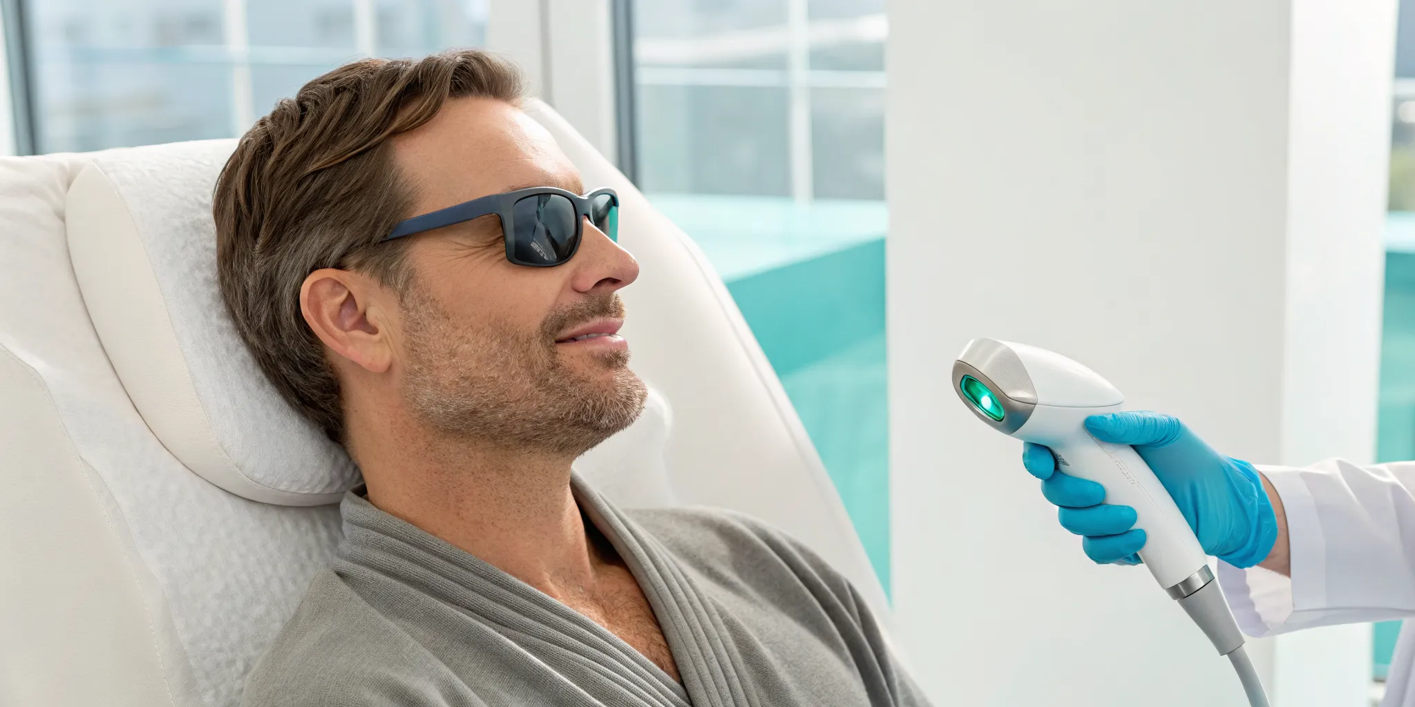 A technician performs laser hair removal for men on a client's chest.