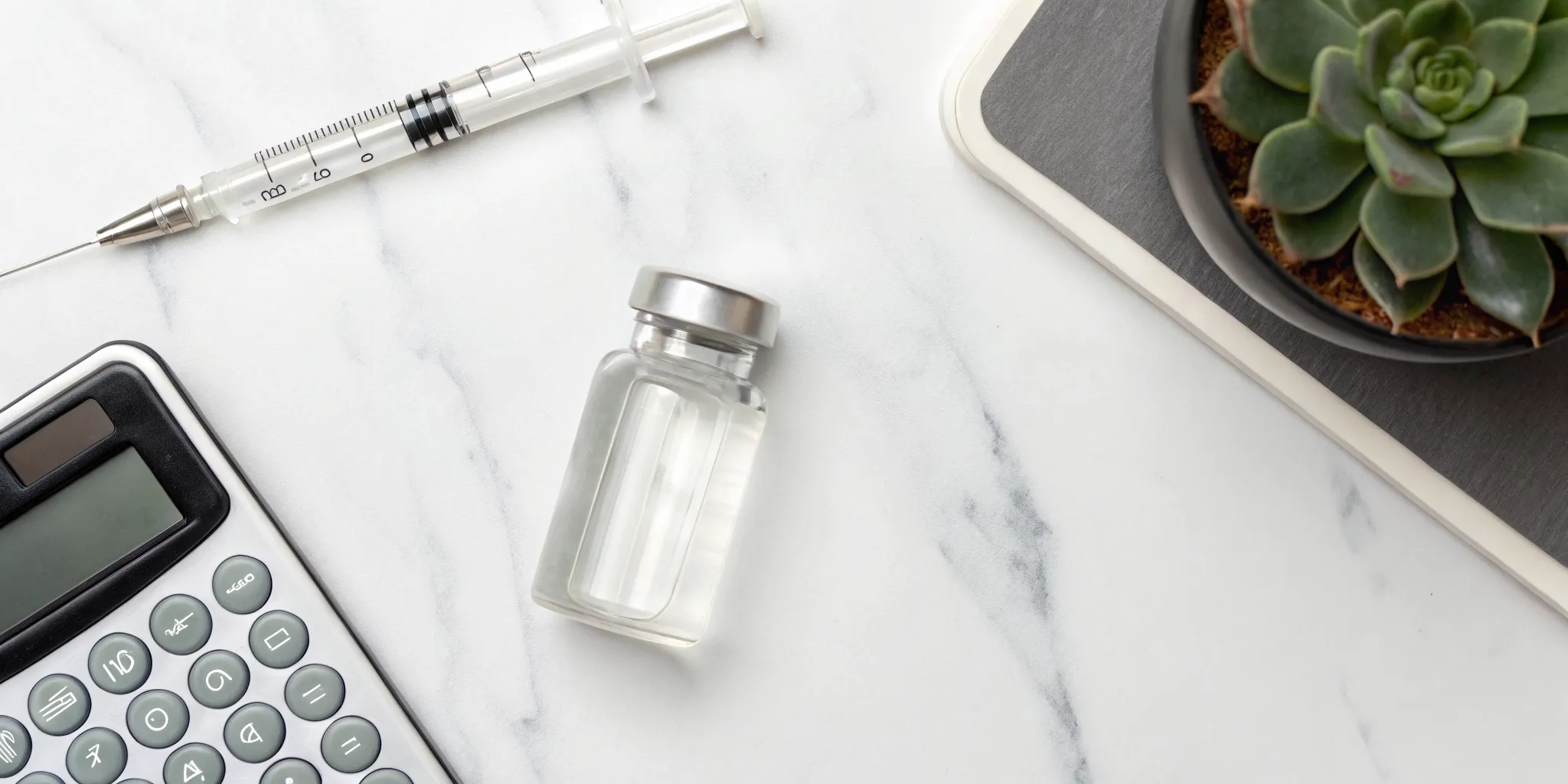 A syringe, vial, and calculator used to plan the total cost of botox.