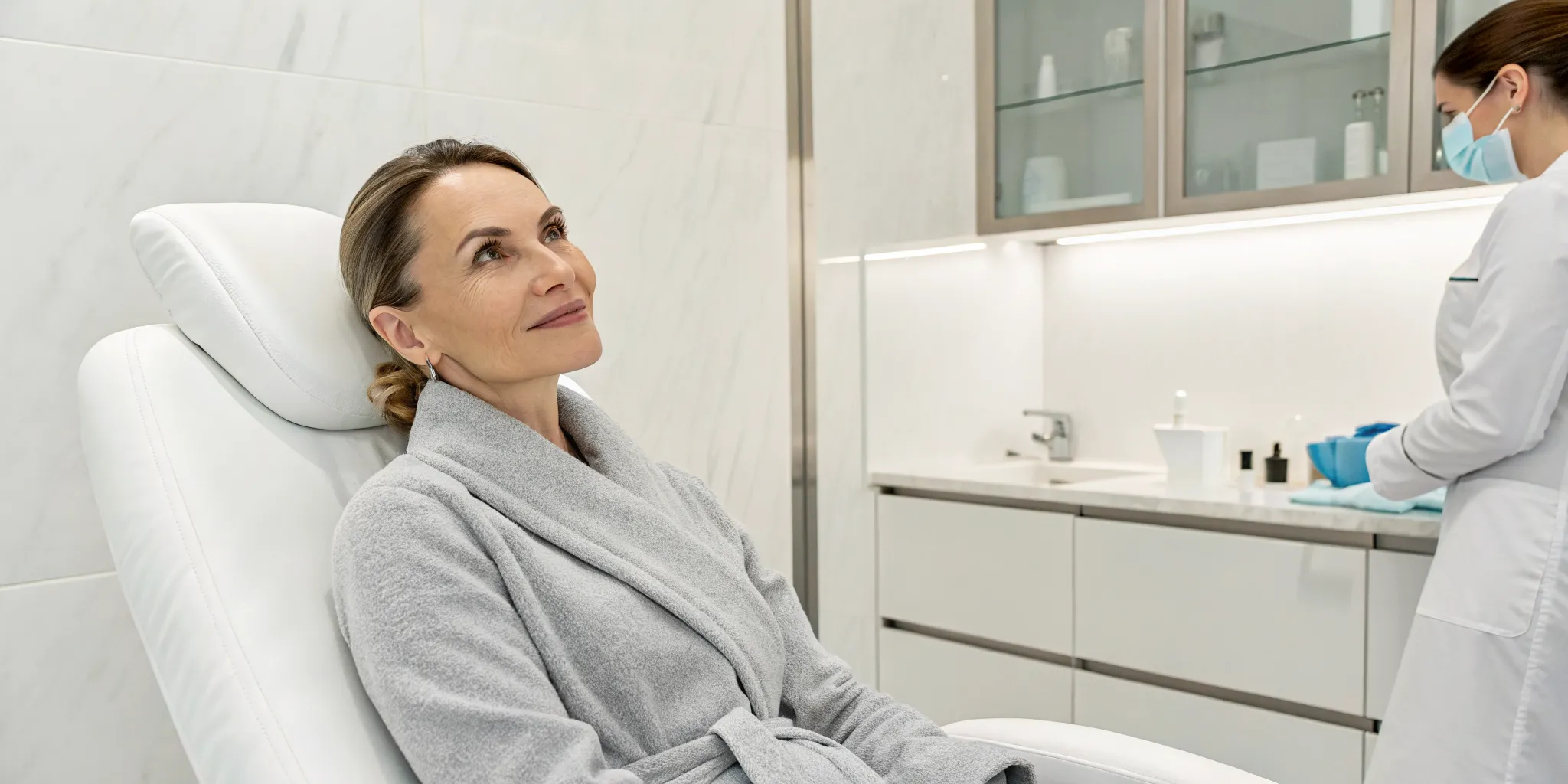 Woman receiving a Botox injection for crow's feet from a medical professional.