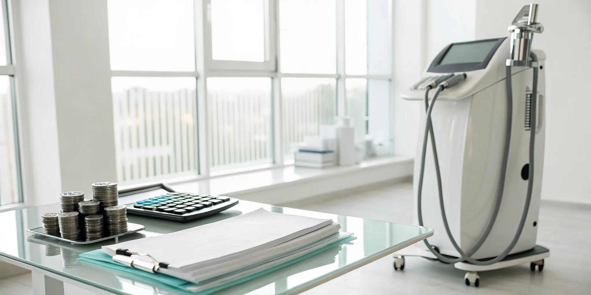 Calculating the laser fat removal price with a calculator, coins, and a medical device.
