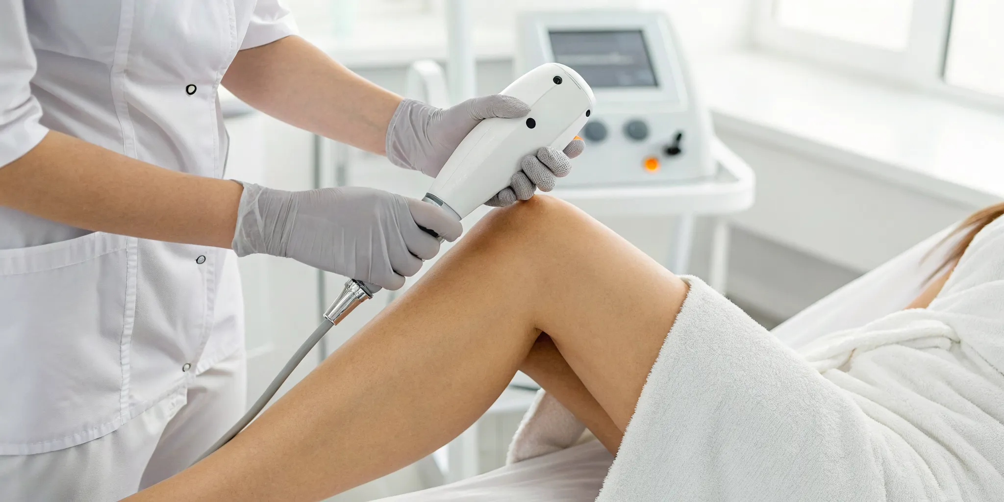 Laser hair removal treatment on a leg, one of many sessions needed.