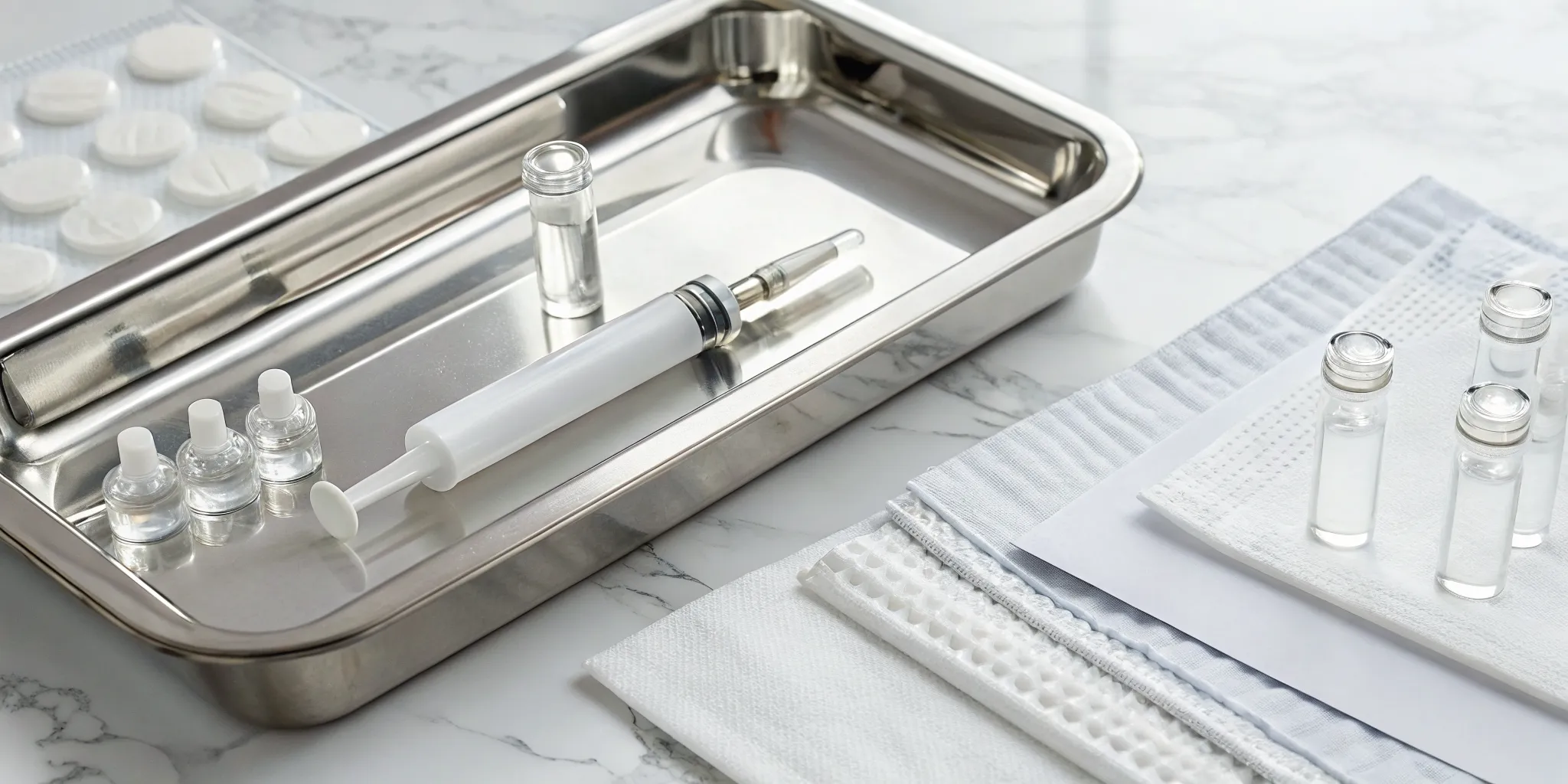 Microneedling tools and serums on a tray, key factors in the total treatment cost.