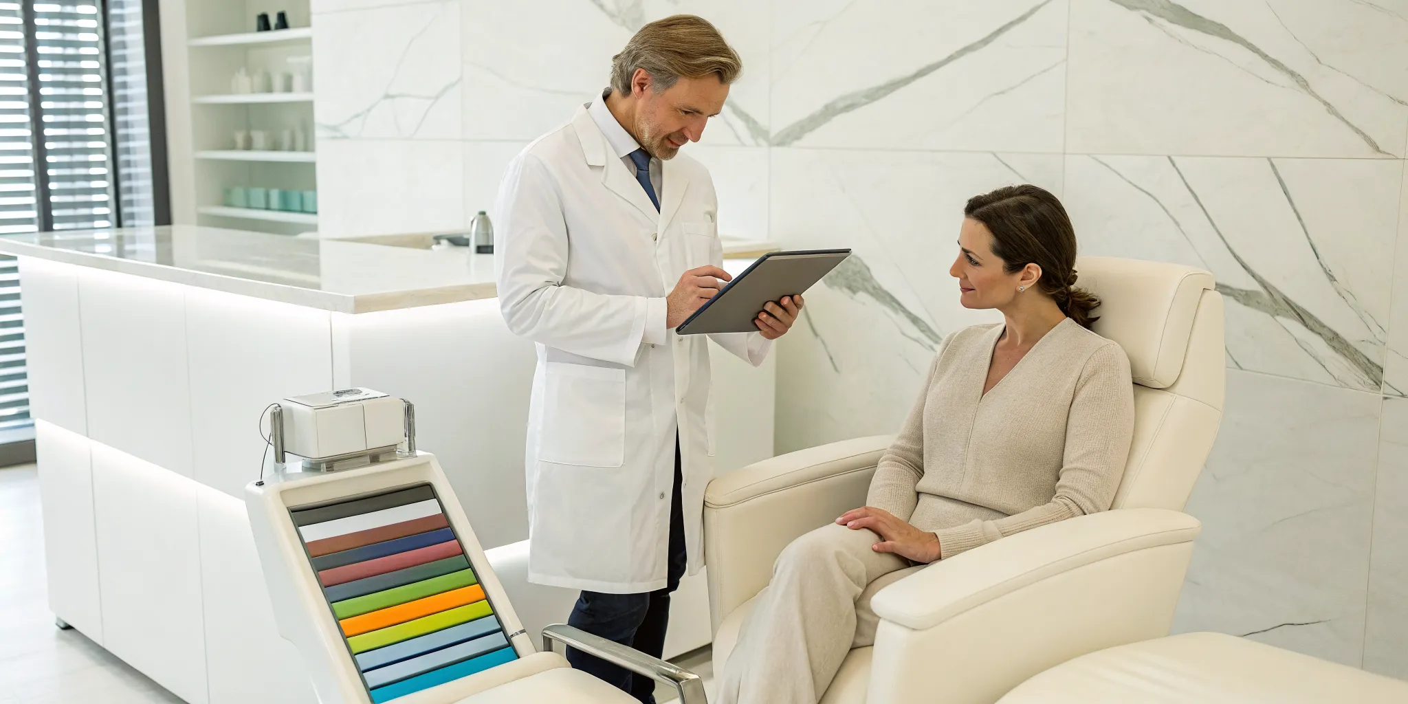 Doctor discussing RF skin tightening cost with a patient during a consultation.