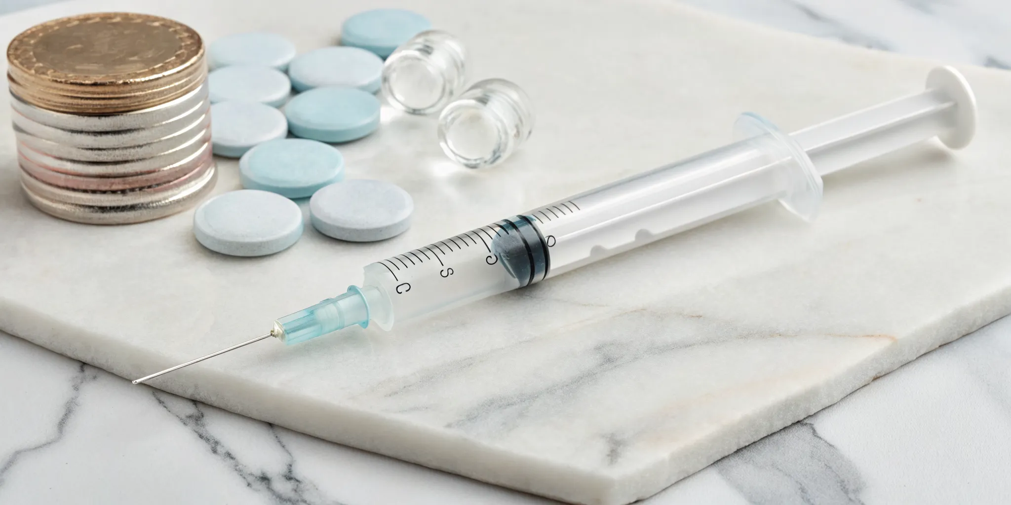 A syringe, vials, and coins breaking down the cost of dermal fillers.