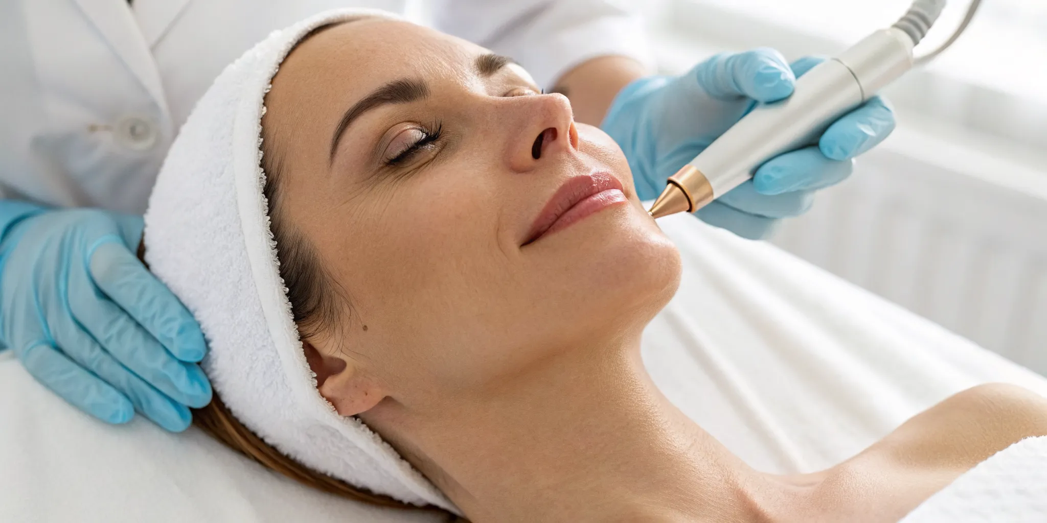 A woman undergoing an upper lip laser hair removal session, a factor in the total treatment price.