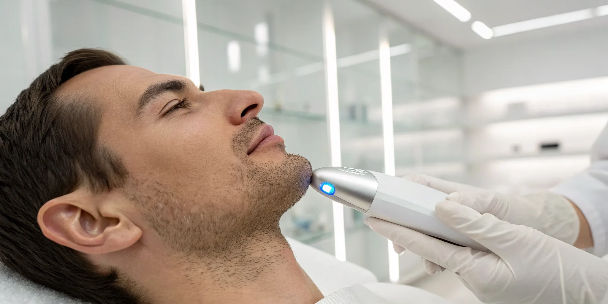 A man receives laser hair removal on his chin, a key factor in the treatment's cost.
