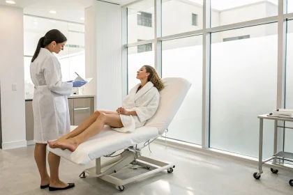 the truth about treatments for cellulite on legs 660859 Woman discussing treatments for cellulite on legs with a specialist.