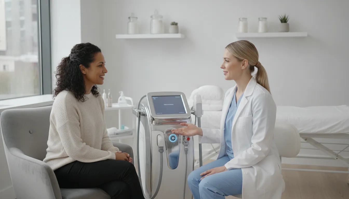 Client discussing Aerolase for acne with an aesthetic provider