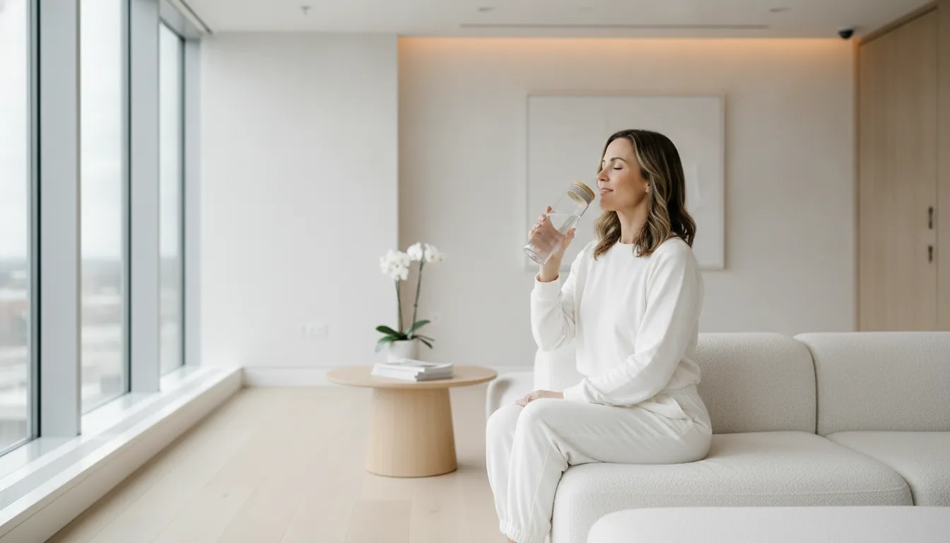 Client drinking water after a body contouring treatment