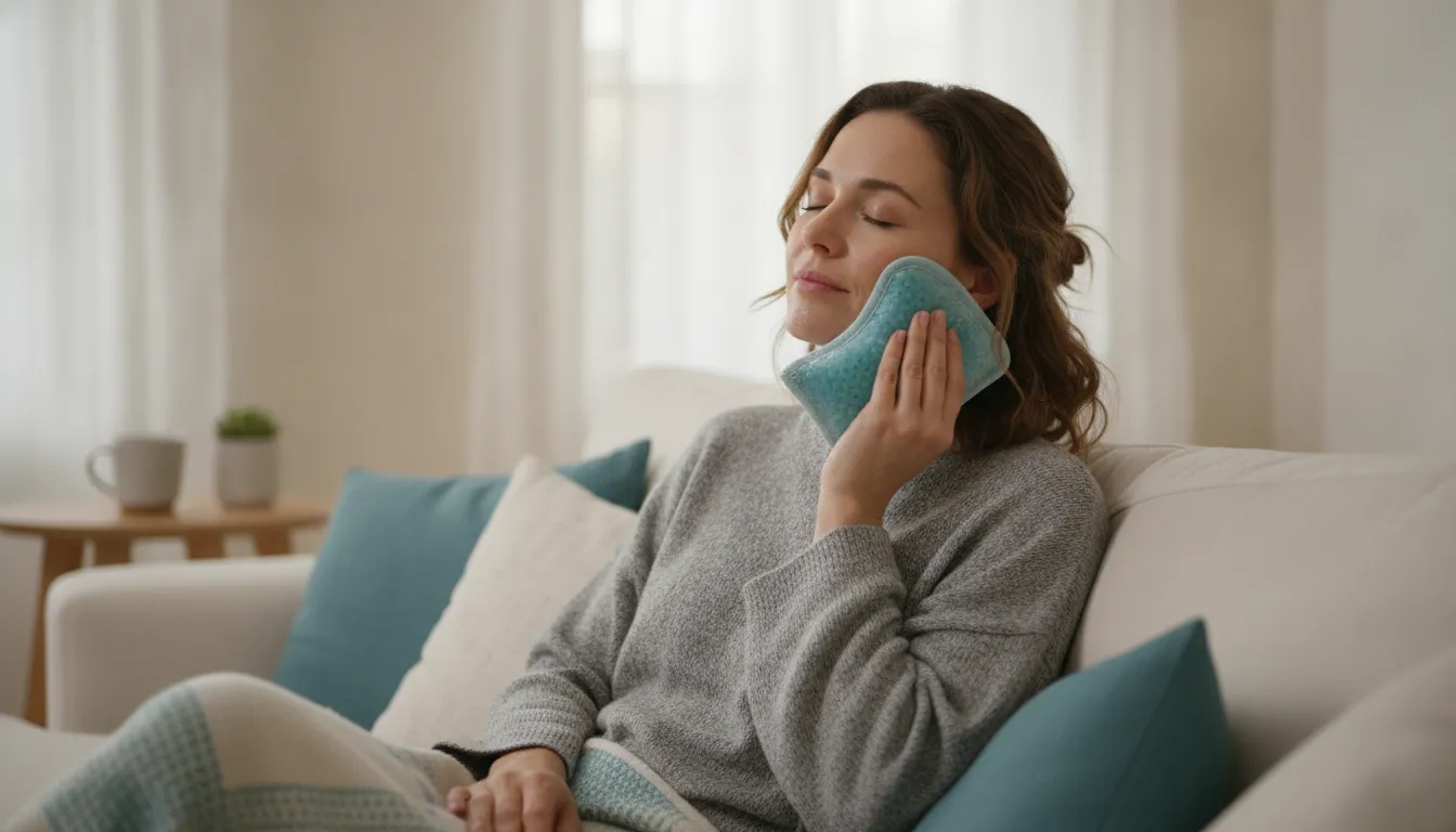 Woman resting at home with a cool compress after dermal filler treatment