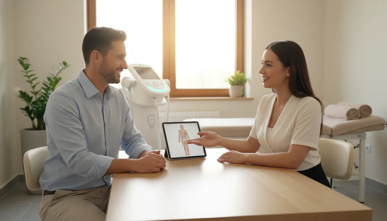 Client discussing medical weight loss and body contouring at a medspa