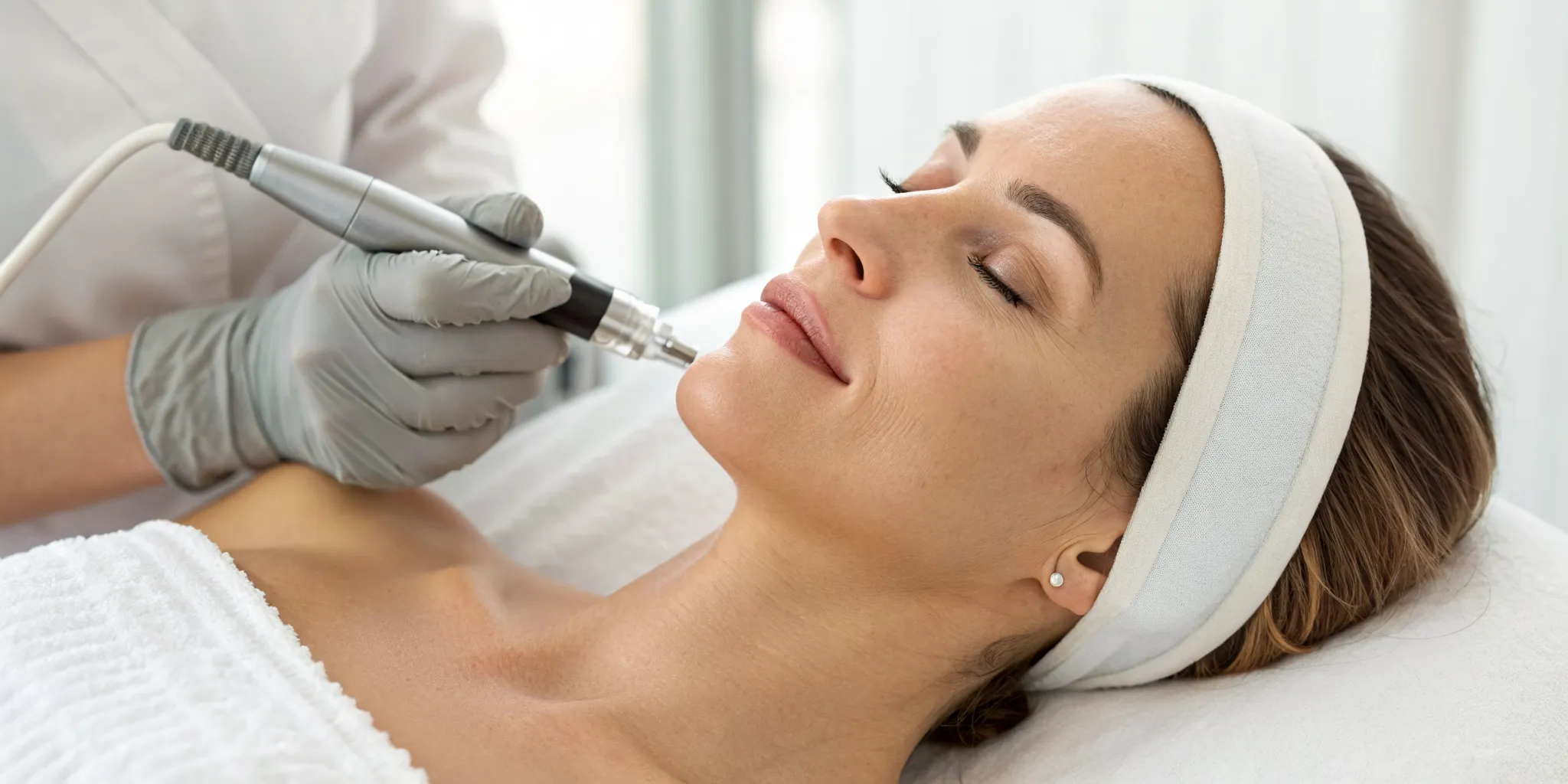 A woman receiving a professional microneedling treatment for fine lines.