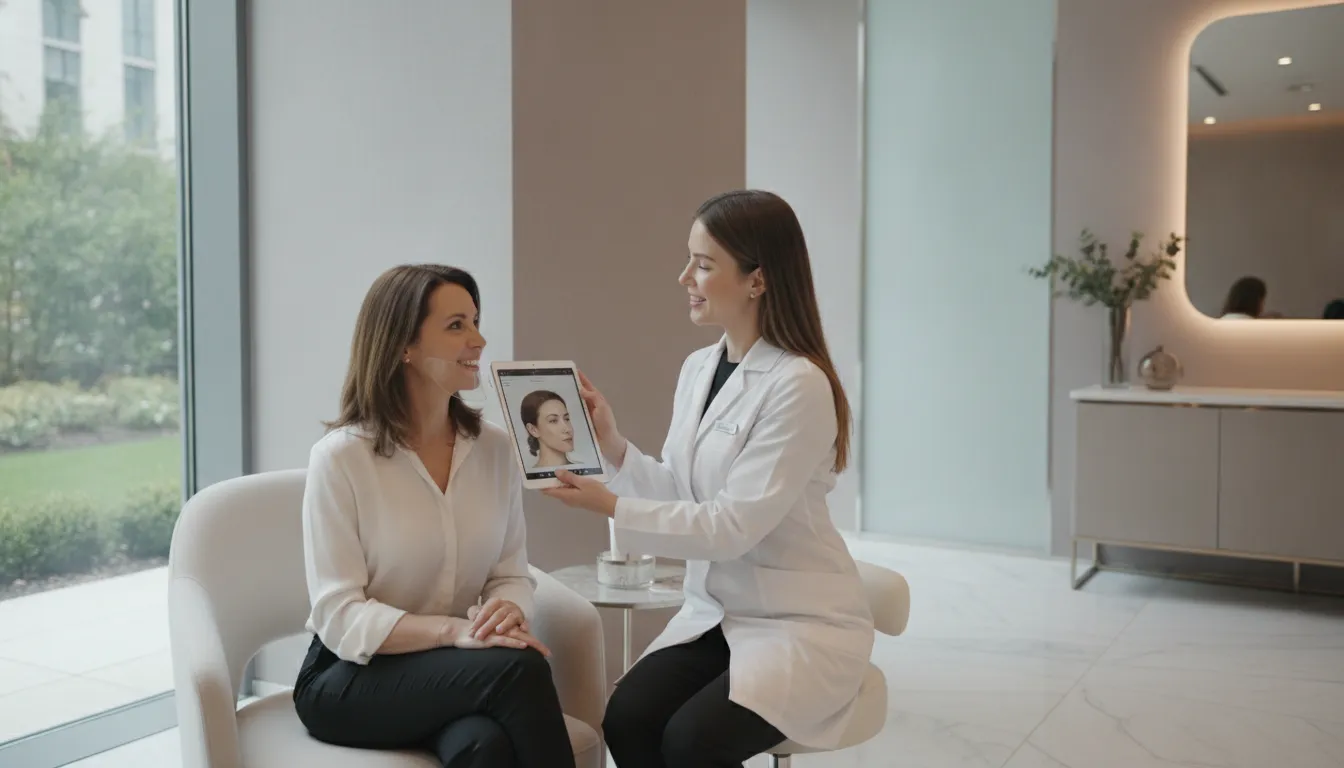 Woman discussing non-surgical chin fat removal at a medspa