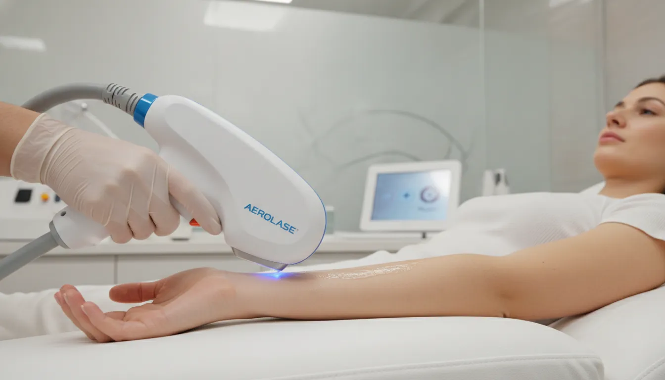 Aerolase Neo Elite laser handpiece during pain-free laser hair removal at a modern medspa