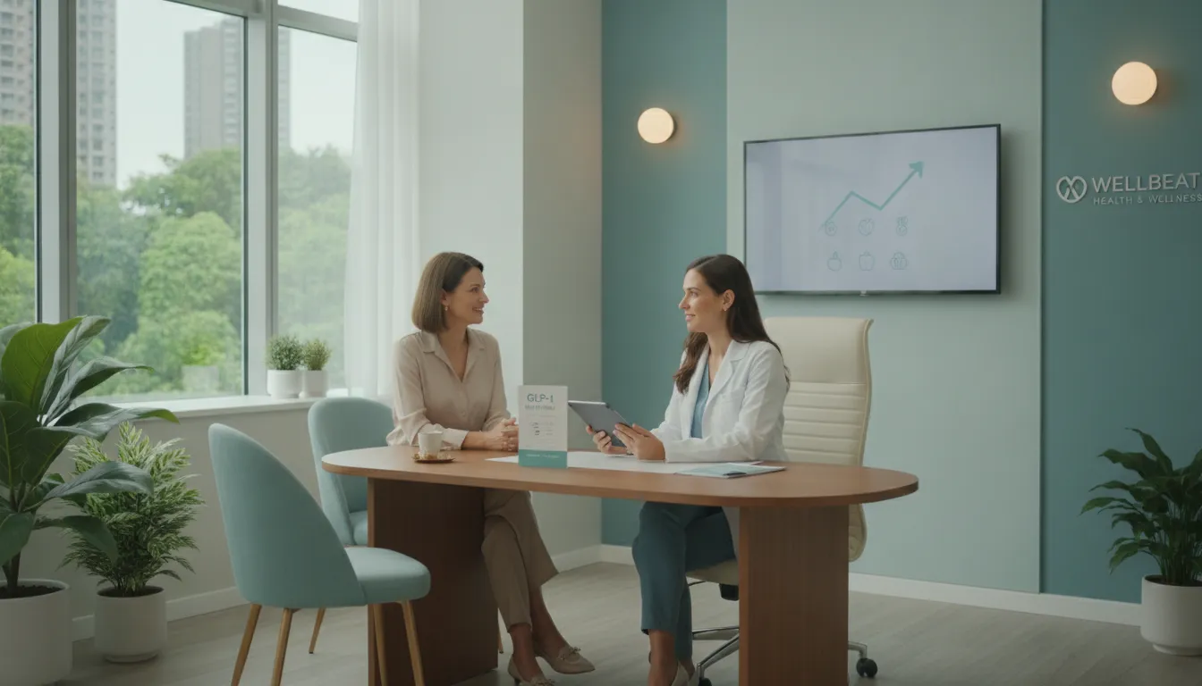 Woman consulting with a medical professional about weight loss treatment options in a modern clean medspa clinic
