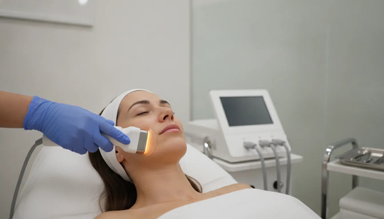 Woman receiving Sofwave ultrasound skin tightening treatment on her face and neck at a modern medspa