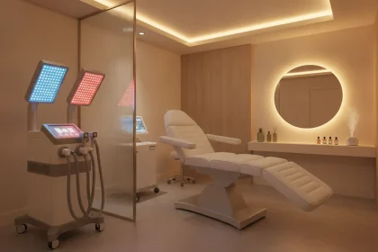 Modern medical spa treatment room with non-surgical Venus Bliss body contouring device