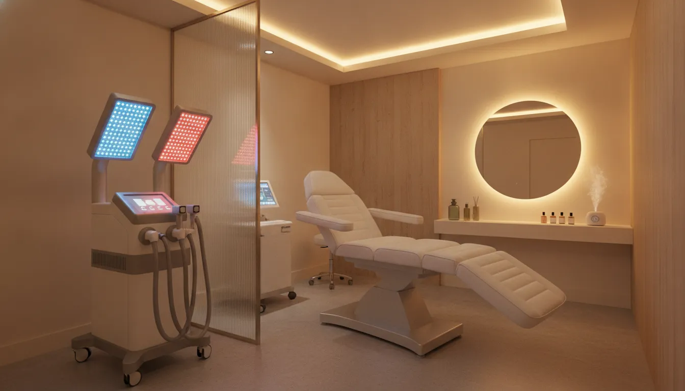 Modern medical spa treatment room with non-surgical Venus Bliss body contouring device