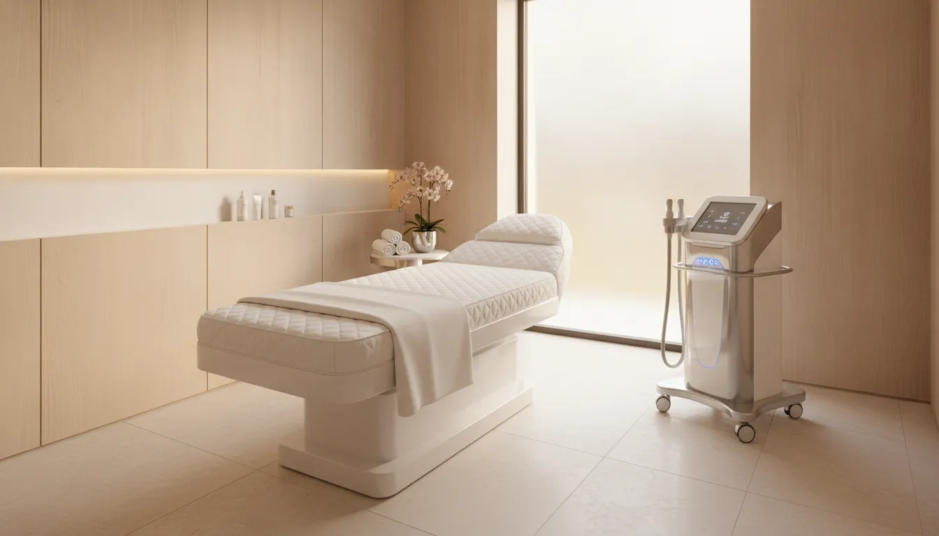 A high-end, clean, and luxurious medical spa treatment room with a modern body contouring device
