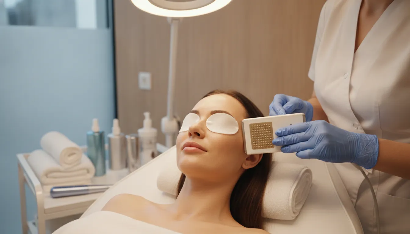 Woman receiving Venus Viva skin resurfacing treatment on her face at a modern medspa